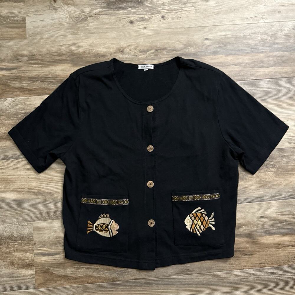 Wild Orchid Boho Black Button Front Shirt Fish Embroidery Pockets USA - Size XL